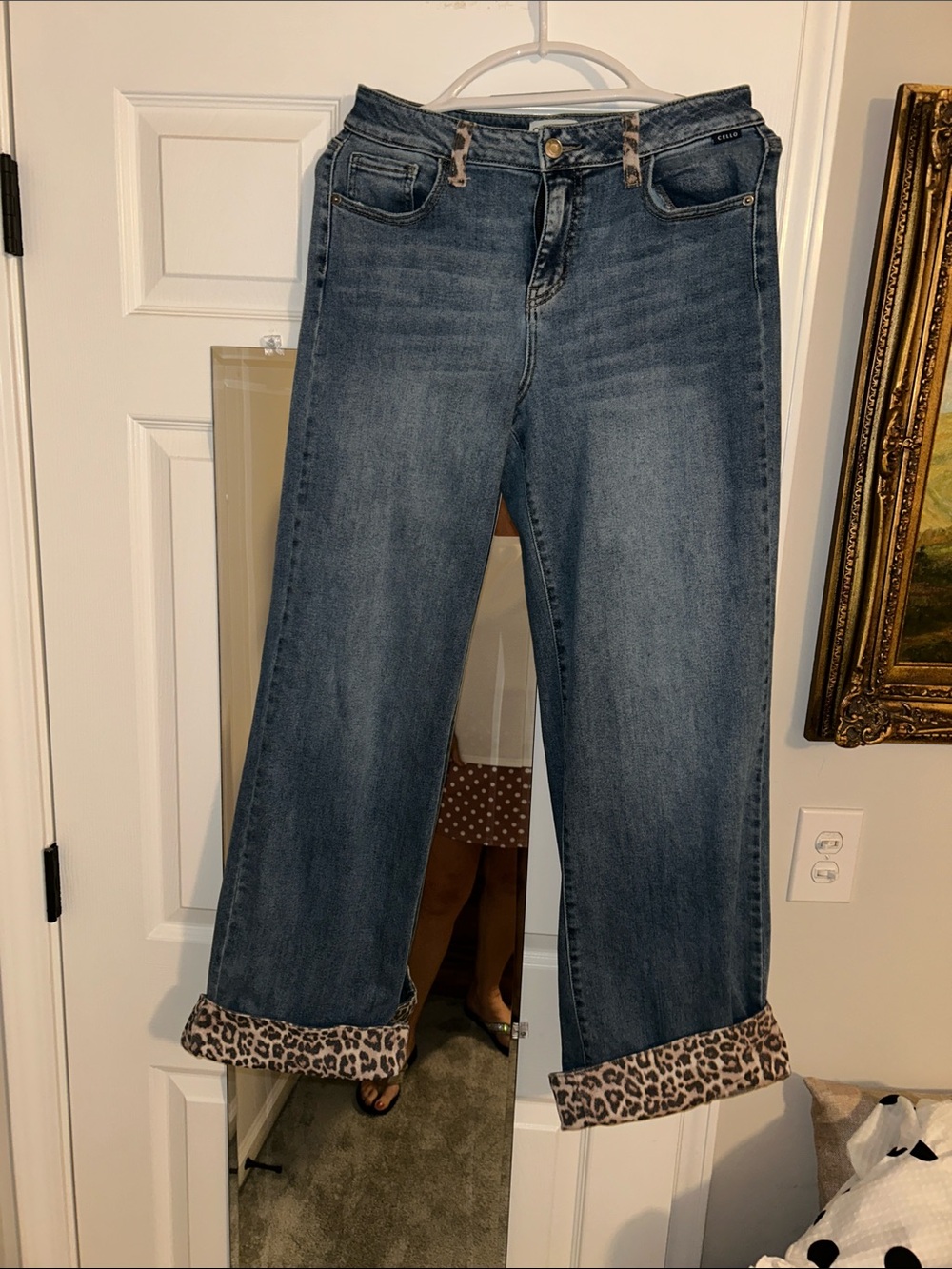 Cello Blue Wide Leg Jeans with Leopard Cuff